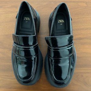 Zara Lug Sole Loafters In Patent Black - Worn Once